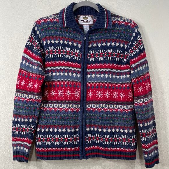 Vintage 90s Fair Isle Full Zip Cardigan Sweater Jacket Grandma Whimsy Twee Mod S - Picture 1 of 6